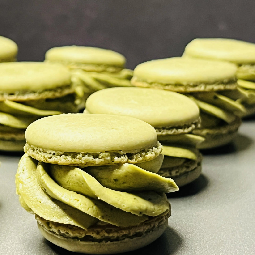 Close-up of a matcha macaron, delicately crafted dessert