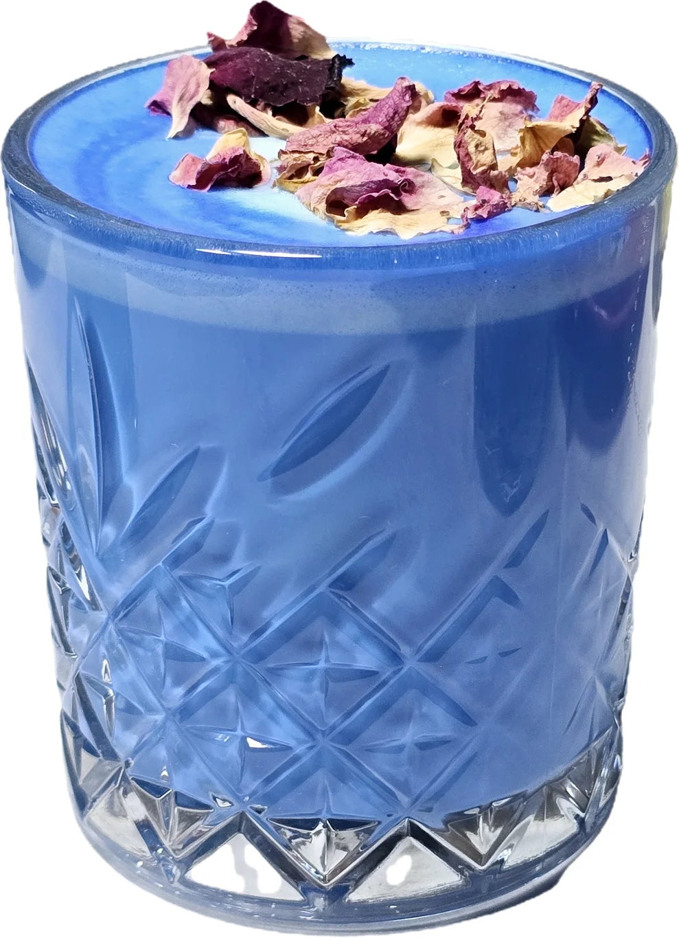 Electric blue spirulina latte with creamy foam.