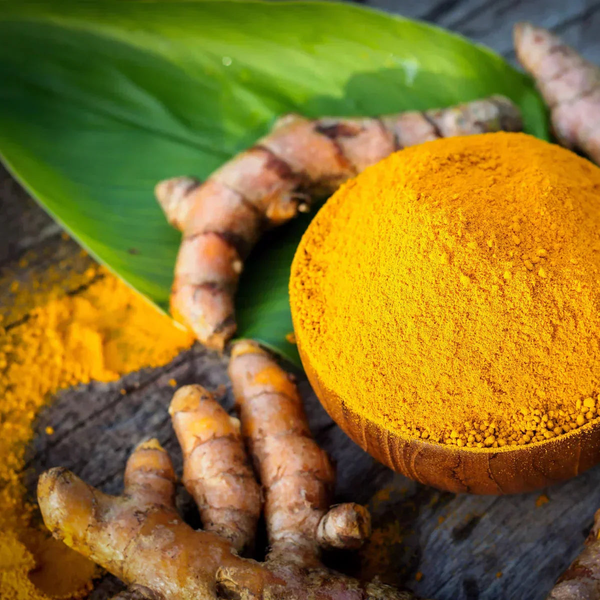 Golden turmeric powder in a wooden bowl with fresh turmeric root on a natural background