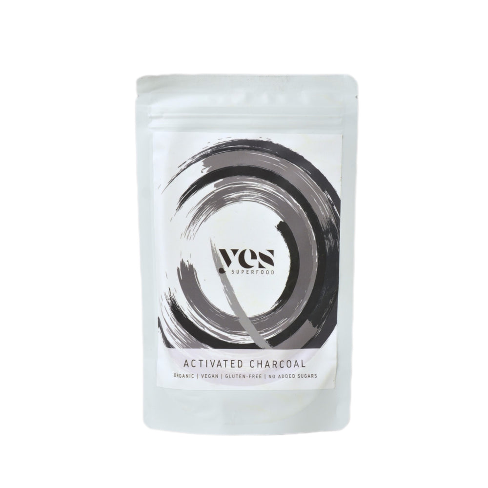 Yes Superfood activated charcoal powder in black product pouch