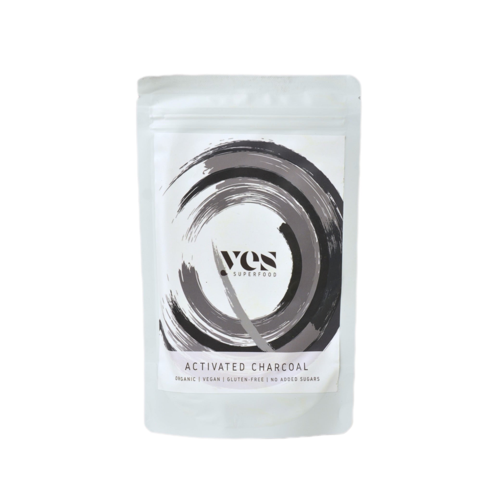 Yes Superfood activated charcoal powder in black product pouch