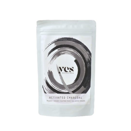 Yes Superfood activated charcoal powder in black product pouch