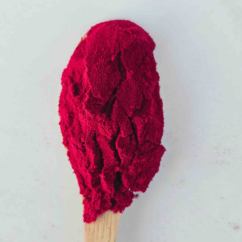 Yes Superfood Black Carrot Red powder on a wooden spoon against a white background
