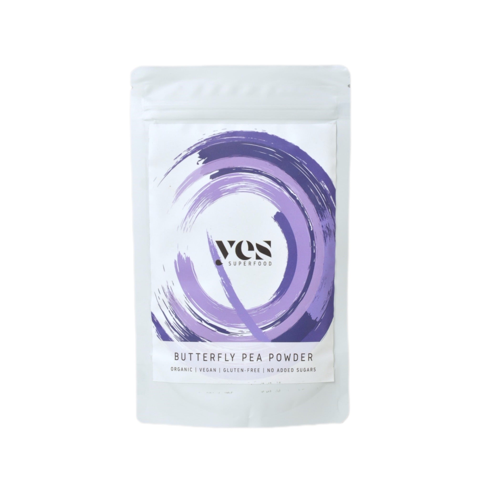 Yes Superfood Packaging of butterfly pea powder with a purple circular design on a white background