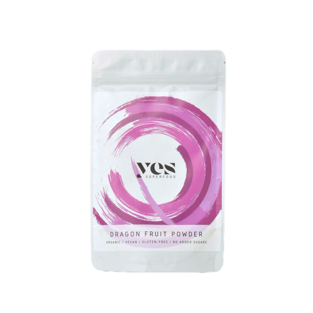 Yes Superfood Package of dragon fruit powder with a pink and white design on a white background