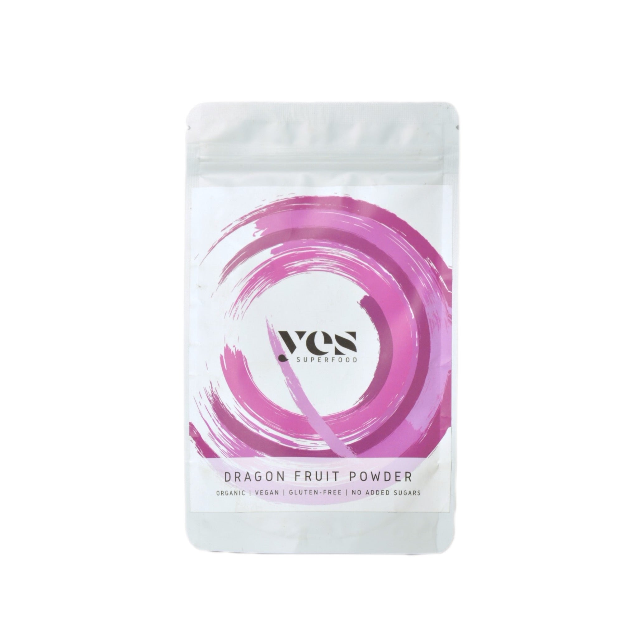 Yes Superfood Package of dragon fruit powder with a pink and white design on a white background