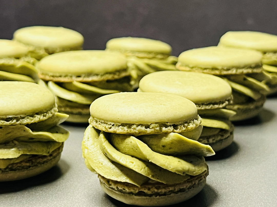 Close-up of a matcha macaron, delicately crafted dessert