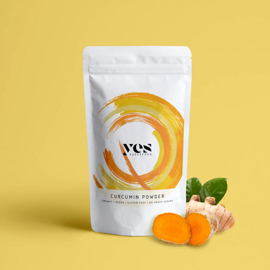 Stand-up pouch of Yes Superfood’s Curcumin Powder – golden natural powder for vibrant dishes and drinks