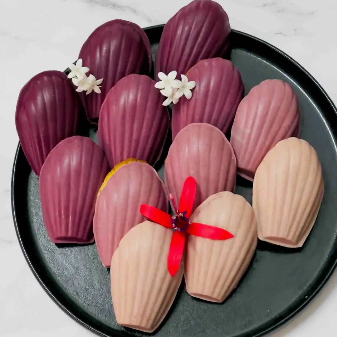 Black Carrot Powder madeleines in natural purple and pink shades