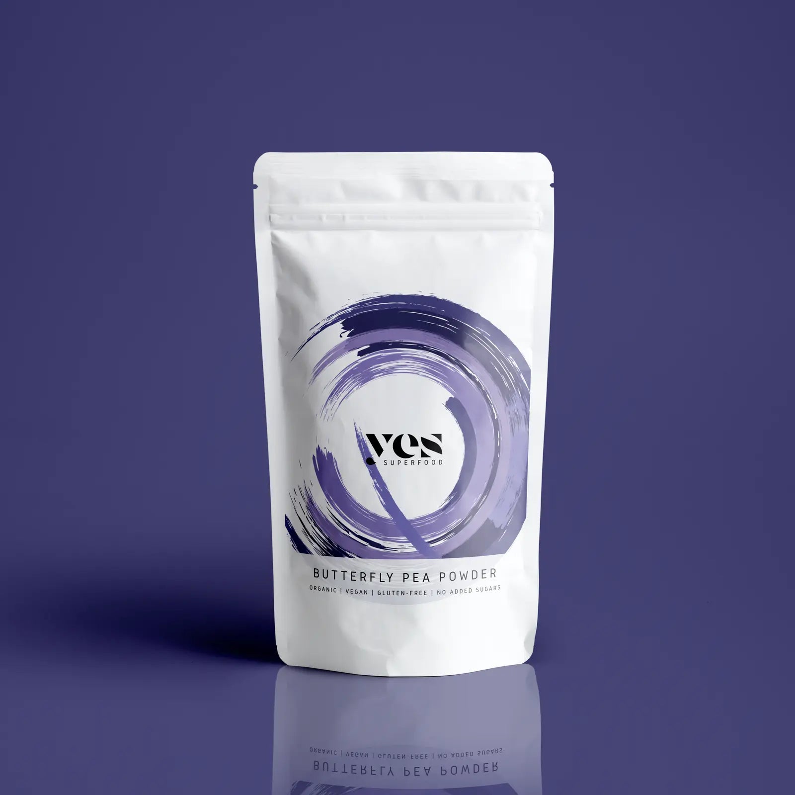 Butterfly pea flower powder in kraft pouch – natural blue and purple tones