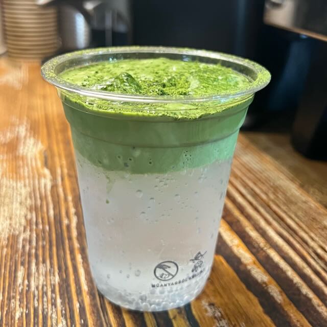Iced tonic with cloud foam made from Ceremonial Matcha Powder, served in a clear cup.