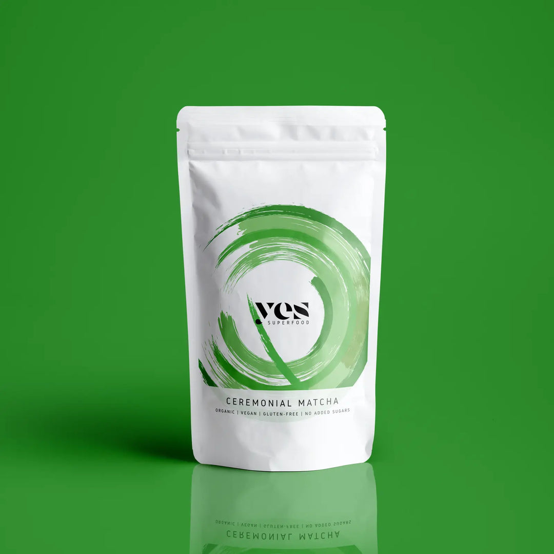 Ceremonial matcha powder in green pouch – traditional Japanese tea