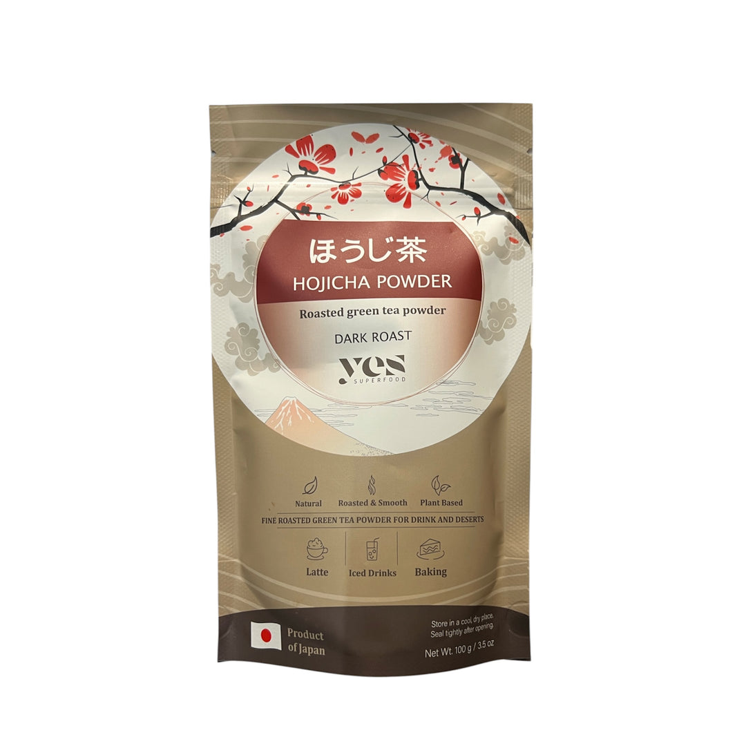 Yes Superfood Hojicha Dark Roast Powder 100 g pouch of Japanese roasted green tea powder