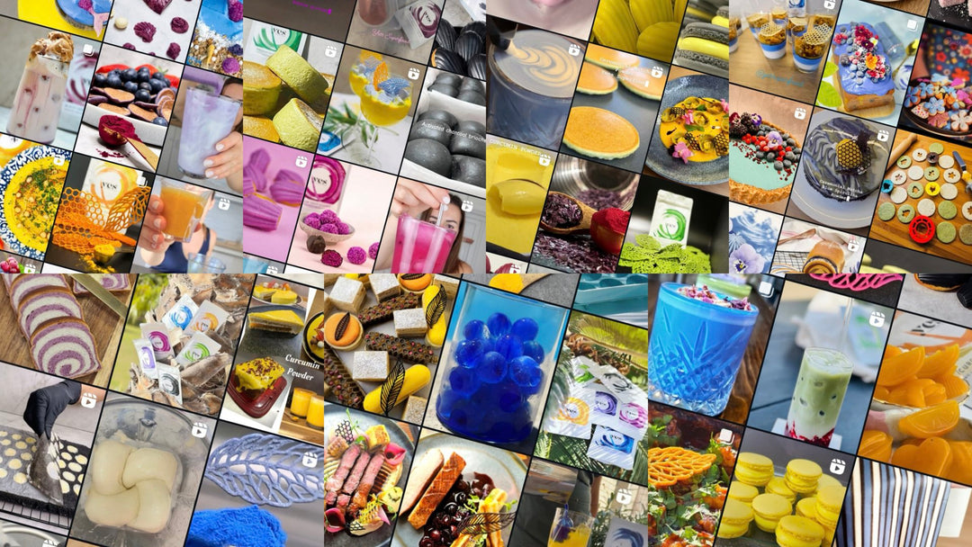 Colorful Instagram-style collage featuring vibrant food and drink creations made with Yes Superfood natural powders – smoothies, pastries, macarons, tuile decorations, and lattes.
