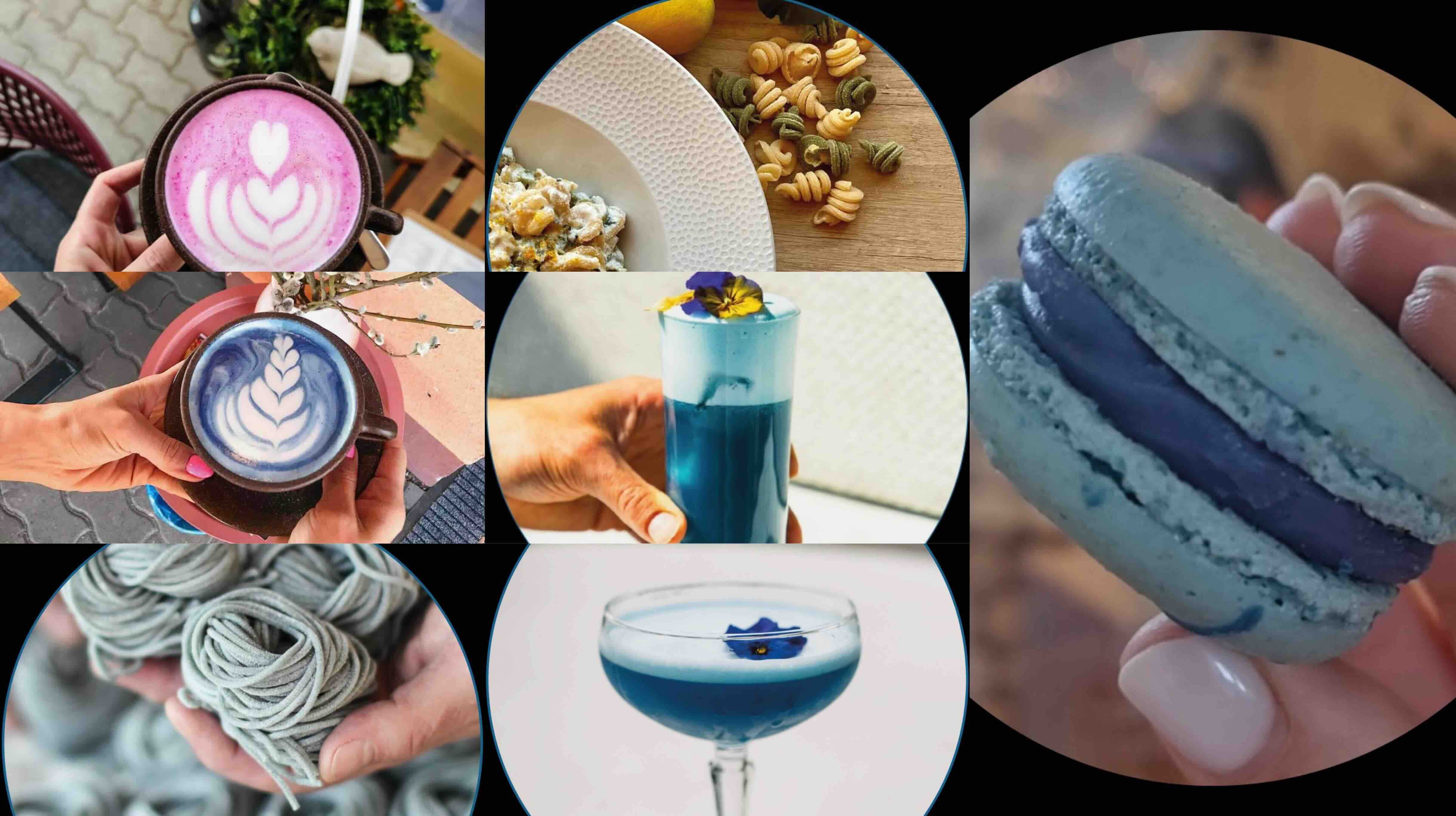 Examples of drinks, pastries and pasta colored with Yes Superfood natural plant-based powders including blue spirulina and butterfly pea