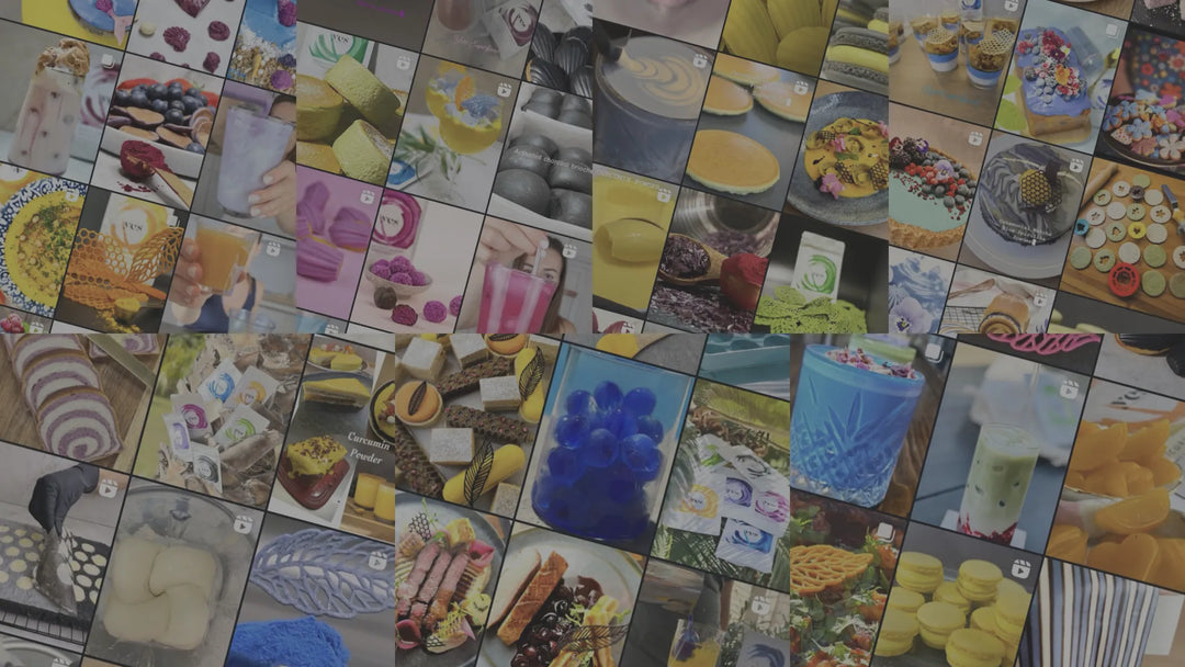 Instagram preview tiles showcasing colorful food creations made with Yes Superfood natural powders – smoothie bowls, vibrant lattes, and dessert shots.
